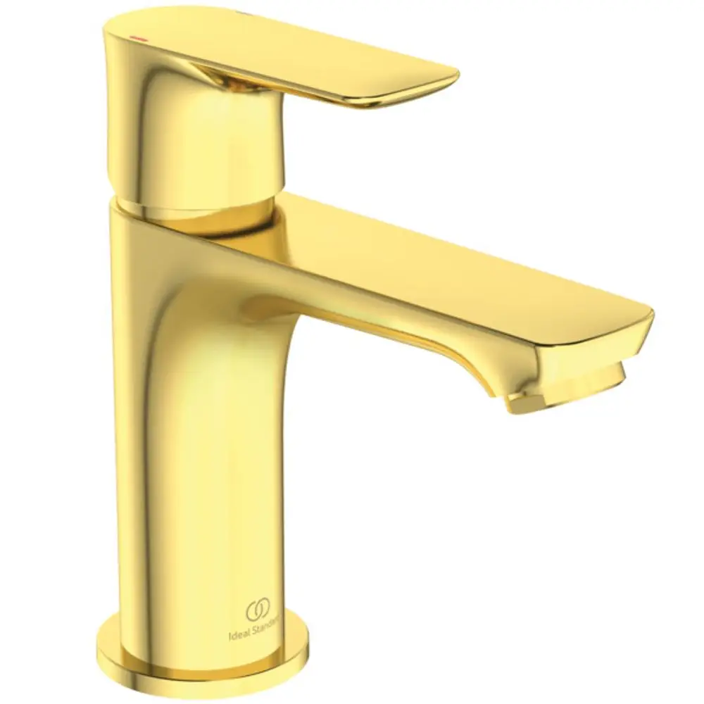 Waschbeckenarmatur in brushed gold von Ideal Standard, kombinierte Hebelsteuerung für Wasserfluss und Temperatur, klare geometrische Formen, montierbar auf Waschbecken.